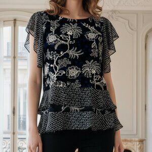 Cabi Black Floral Hybrid Semi Sheer Ruffle Top Medium 5355